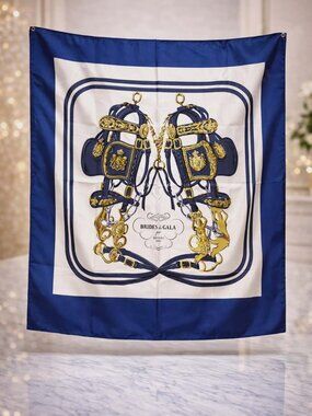 Authentic Hermès Brides de Gala Silk Scarf Blue Gold Equestrian Print Square 90